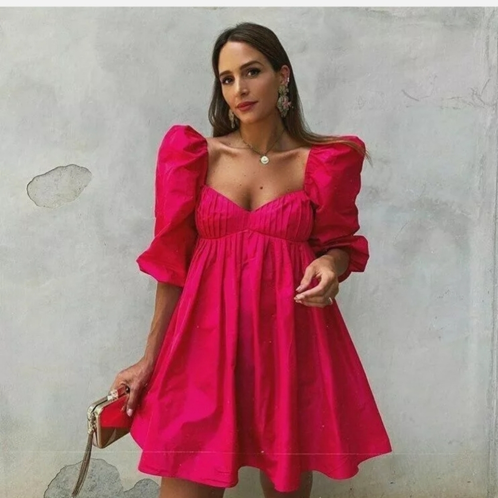 ZARA PINK VOLUMINOUS TAFFETA DRESS WITH PUFF SLEEV
